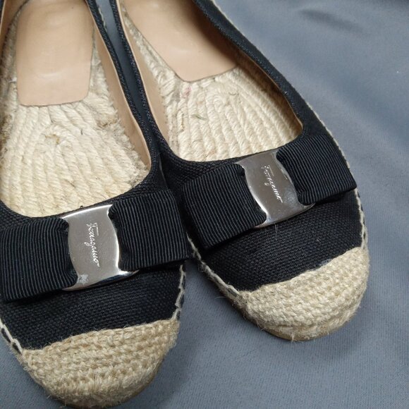 Salvatore Ferragamo Black Canvas Espadrille Ballet Flats LOGO Bow US 9M Spain - Picture 6 of 12